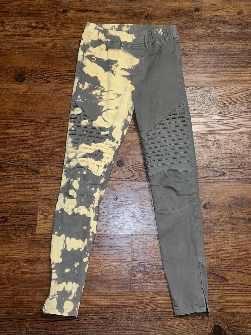 Umgee Olive Khaki Split Tie-Dye Edgy Moto Ribbed Leggings Pant Streetwear Size S
